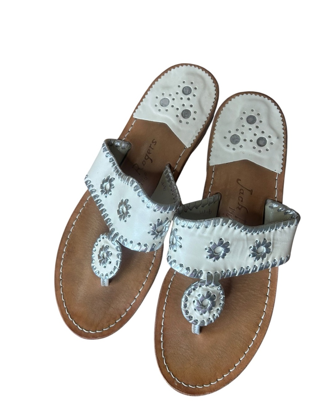 Women’s Jack Rogers White Leather Floral Embellished Toe-Post Sandals
